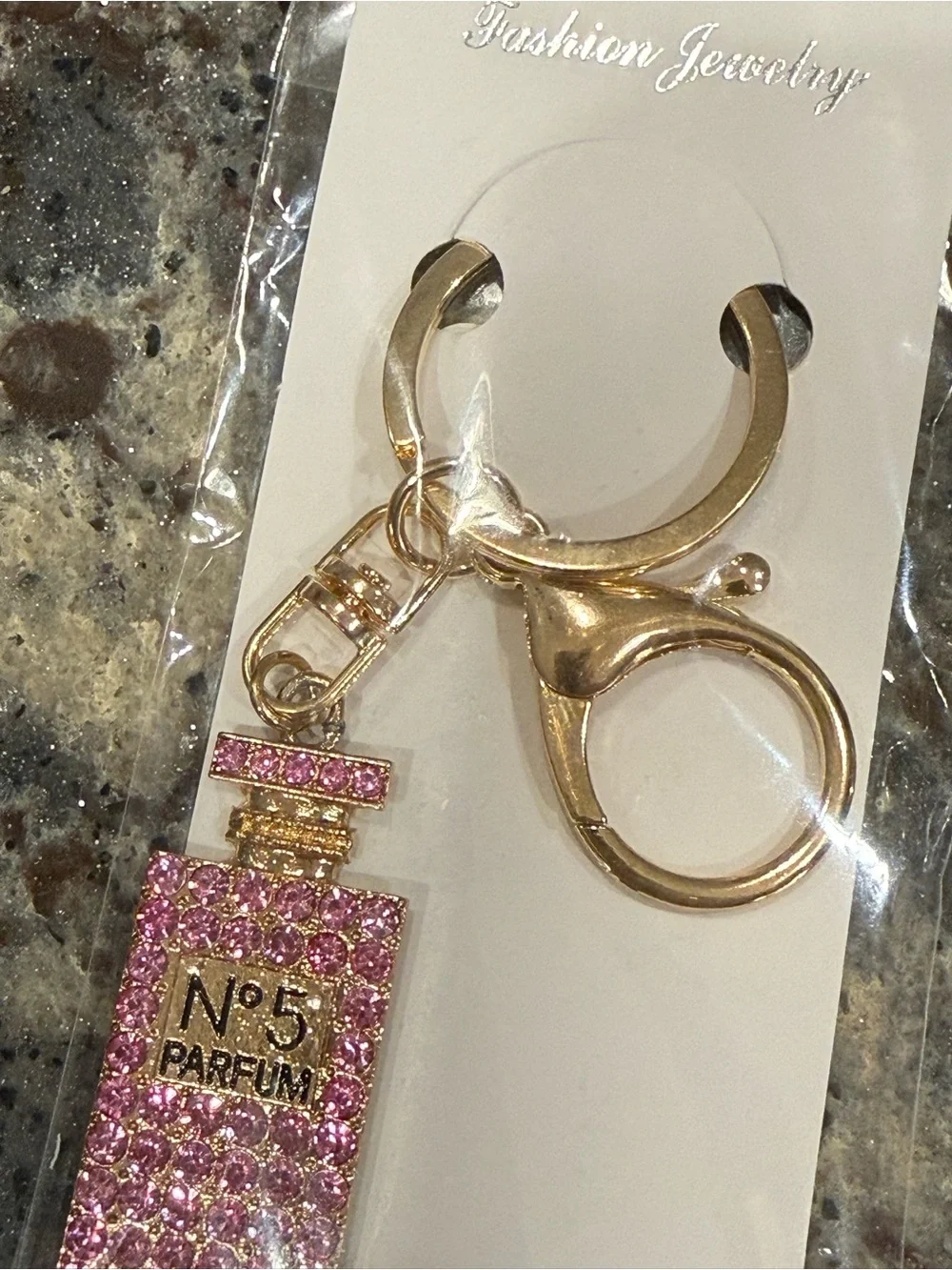 Fashion Jewelry Gold-Tone Pink Rhinestone Perfume Bottle Keyring